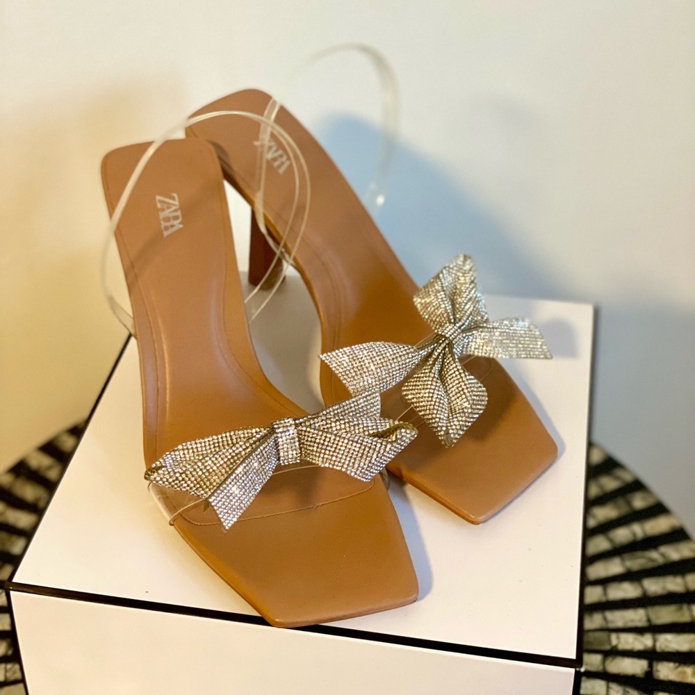 Zara Bow Trim Heeled Vinyl Sandals